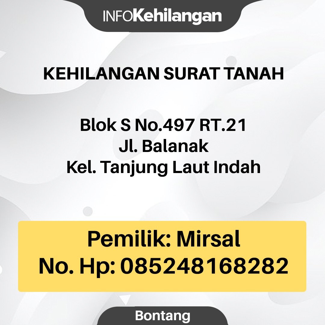 kehilangan surat tanah bontang